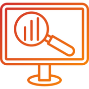 Market-Research Market research icon: Magnifying glass over a bar graph on a computer screen, in orange.