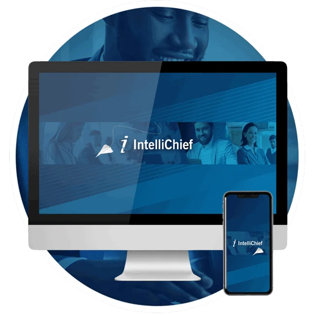 ap-automation-web-mobile-site Illustration of accounts payable automation on a web and mobile site, showcasing a computer and smartphone screen with the IntelliChief logo